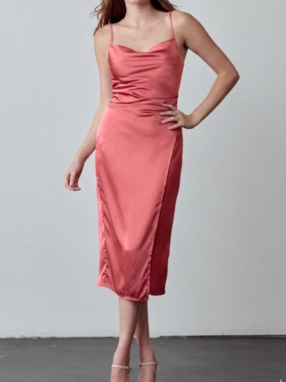 Re Named Satin Slip Pink Cowl Neck Midi Faux Wrap Spaghetti Strap Dress